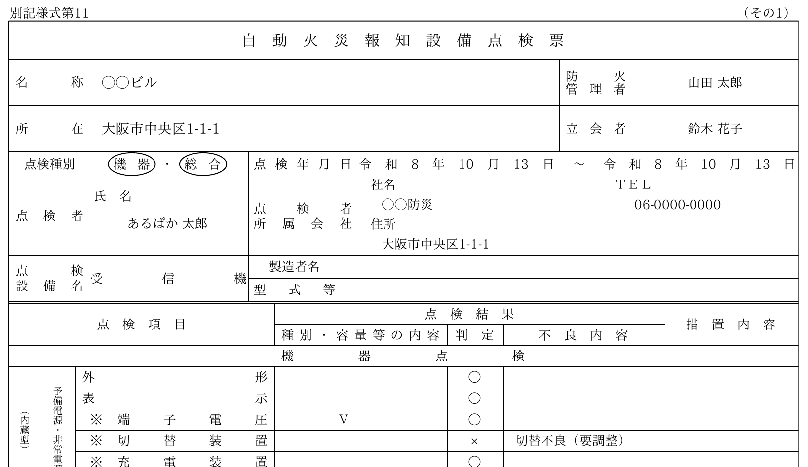 アプリから出力した自動火災報知設備点検票（国の様式・実際の出力）。物件名・点検者が入り、判定の○が並び、切替装置の行が×（切替不良）になっている。